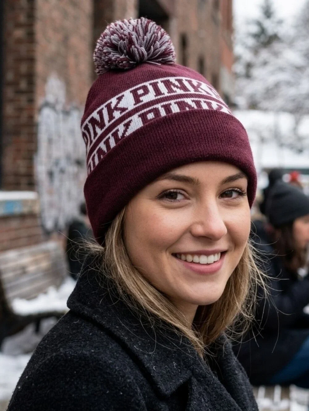 NWT PINK Victoria's Secret Logo Pom Beanie Burgundy